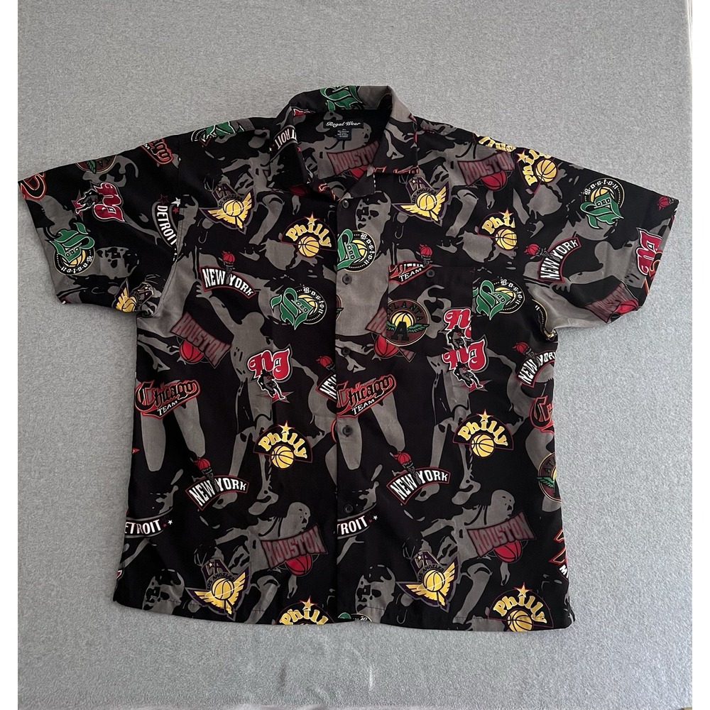 Regal Wear Camp Shirt Sz 2X Black Men Sports Graphic Basketball Short Sleeve VTG